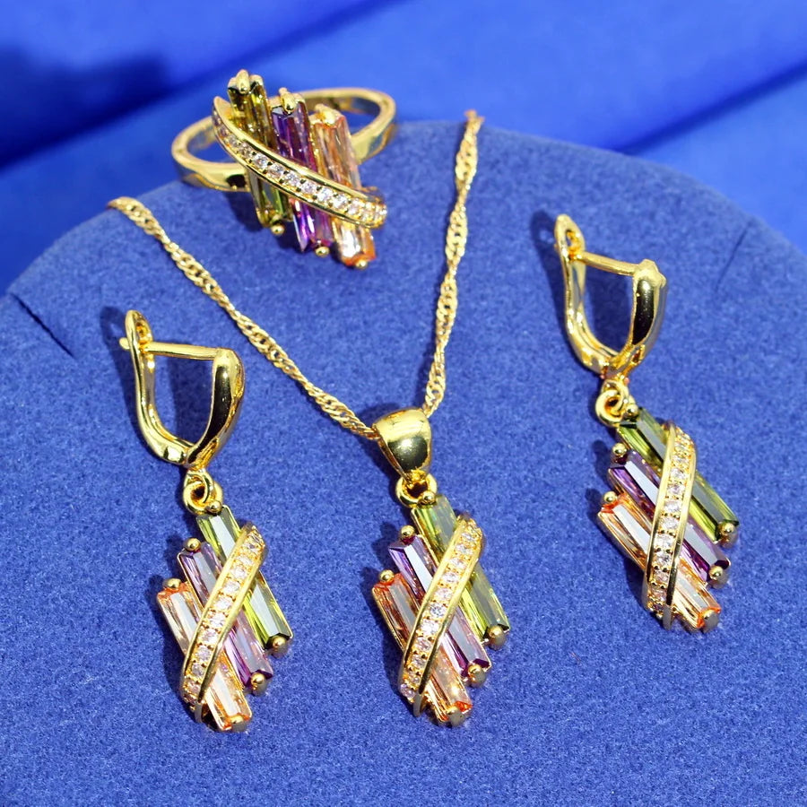 XOTICA Women's Gold Plated Multicolor Zircon Jewelry Set Square Earrings Necklace Pendant Ring for Wedding Parties Classic Bridal Gifts