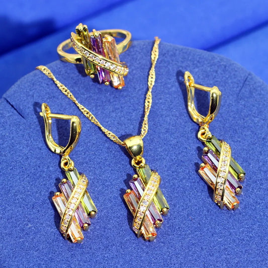 Women's Gold Plated Multicolor Zircon Jewelry Set Square Earrings Necklace Pendant Ring for Wedding Parties Classic Bridal Gifts