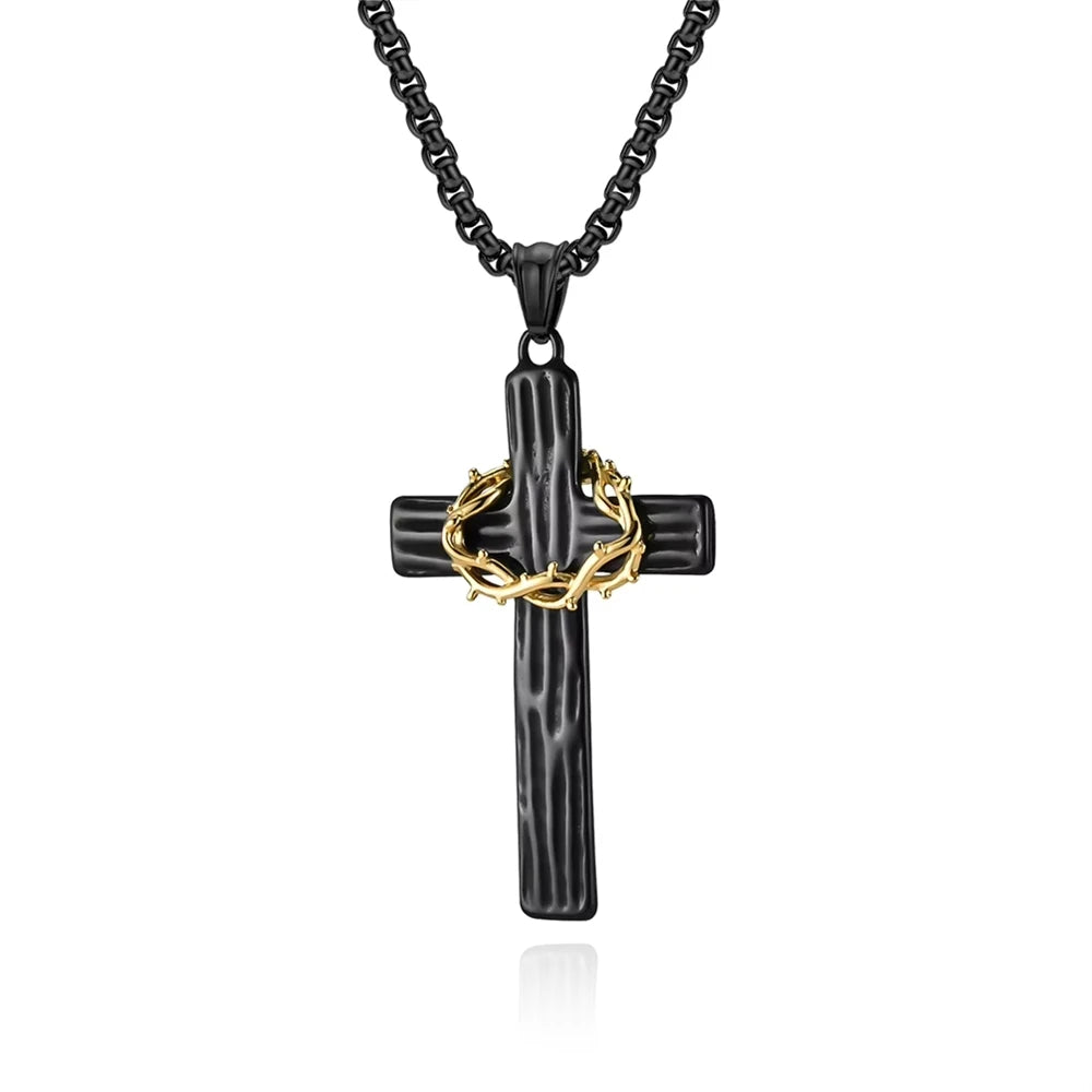 Hip Hop Wreath Wood Grain Religious Cross Anti Non Tarnish Free WaterProof Stainless Steel Fashion Jewelry Pendant Necklaces Men