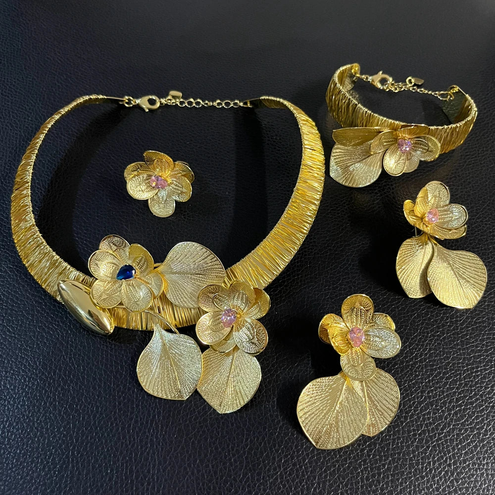 Brazilian Gold Flower Fashion Jewelry Set Italian Jewelry Set Nigerian Woman Wedding Necklace Bracelet Earrings Ring Jewelry