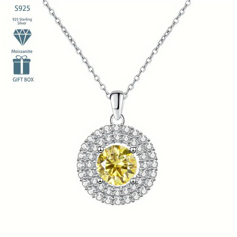 Dainty Double Halo Set Round Cut 1ct VVS GRA Colored Moissanite Jewelry Trendy 925 Sterling Silver Disc Pendant Necklace