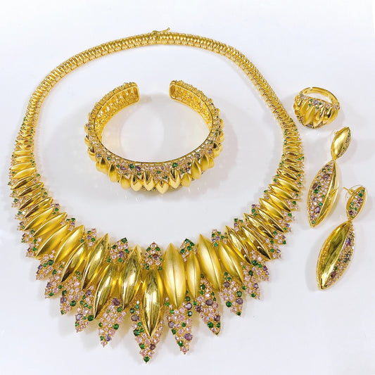 Zhuerrui Cubic Zirconia Gold Jewelry Set Necklace Bracelet Earrings Ring Four-Piece Jewelry Set American Diamond Women's Wedding