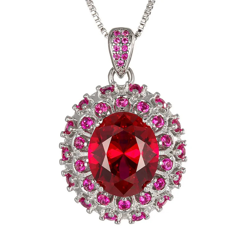 REDheart Red Corundum Pointed Pigeon Egg Fashion Pendant Necklace Set Brass Zircon Flake Blue Zircon Opening Ring Wedding 18K Gold Plated