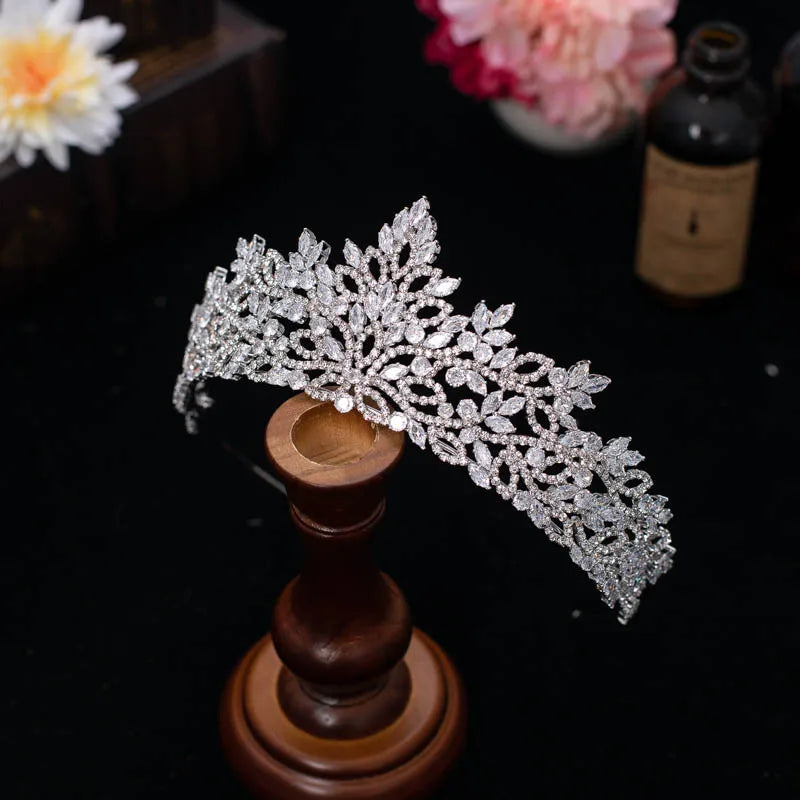 SLBRIDAL Luxury Sparkling Full Cubic Zircon Bridal Tiara Wedding Crown Pageant CZ Hair Accessories Women Girl Party Hair Jewelry