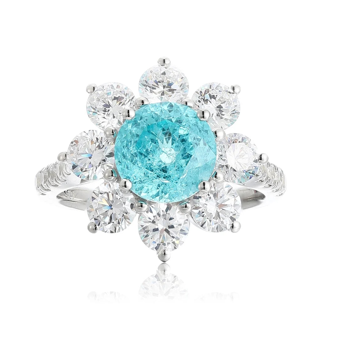 Gemfiori Anster 925silver Round Lab Grown Paraiba and Moissanite Ring for Women Customized Service Rings Acceptable