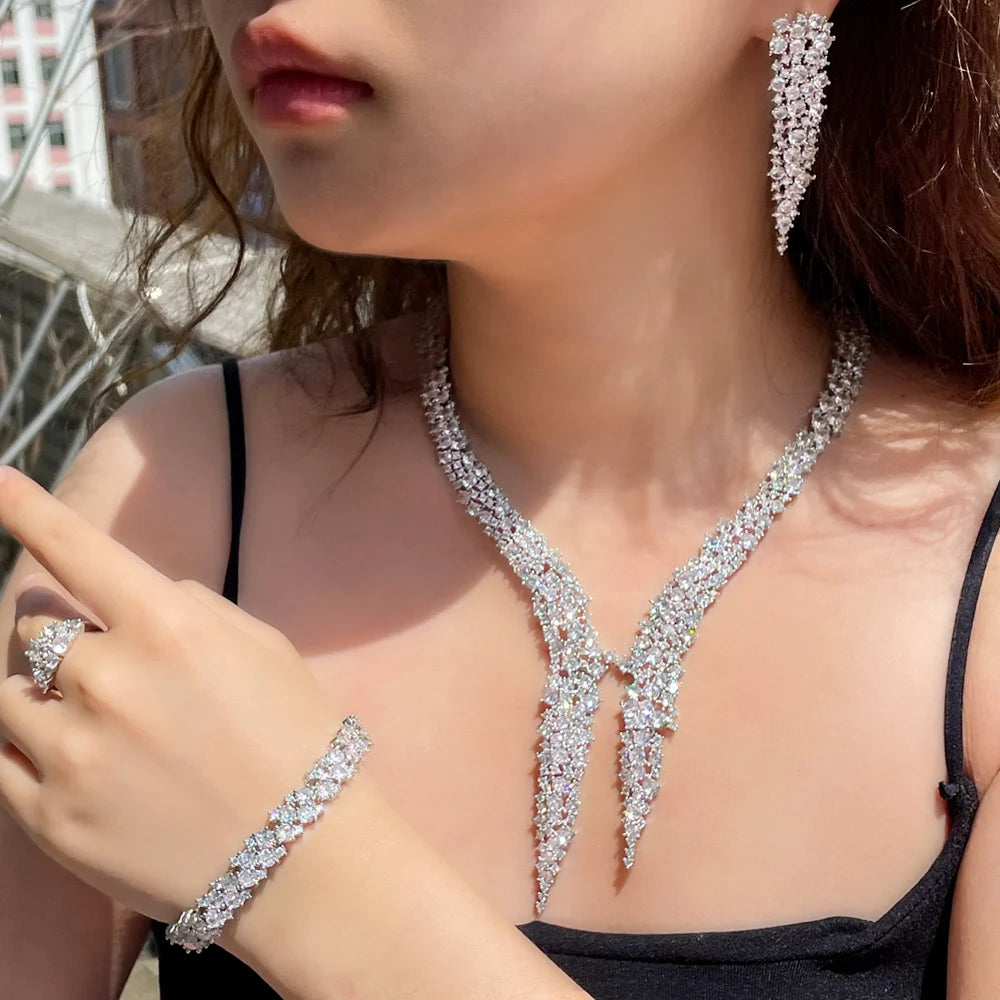 4Pcs Dubai Brilliant CZ Heave Crystal Big Luxury Necklace Earrings Dinner Party Wedding Bridal Costume Jewelry Sets for Women