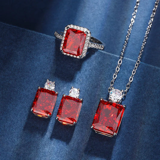Gemfiori European and American Romantic Fashionable Personalized square Earrings Ring Pendant Exquisite and Elegant Three Piece Set
