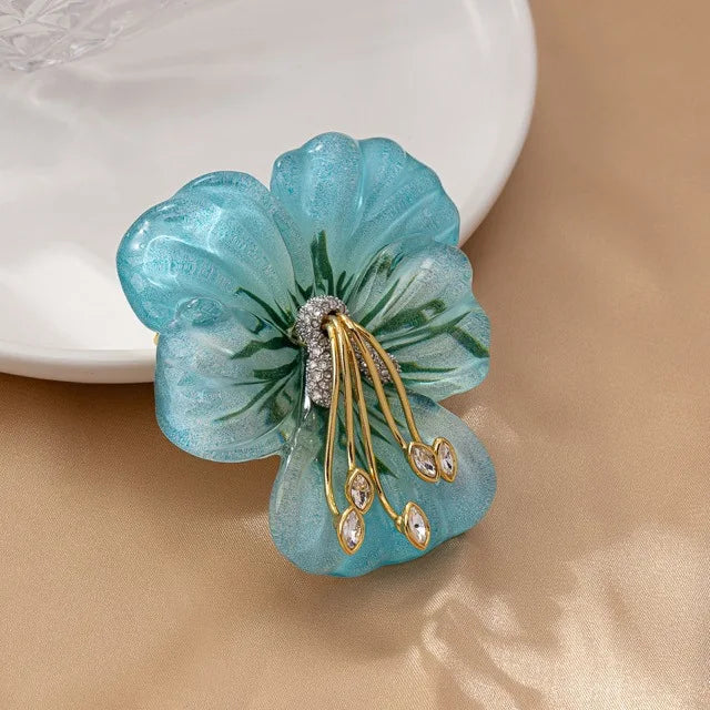Vintage Glitter Floral Brooch, Gold Stamen Crystal Women Accessory