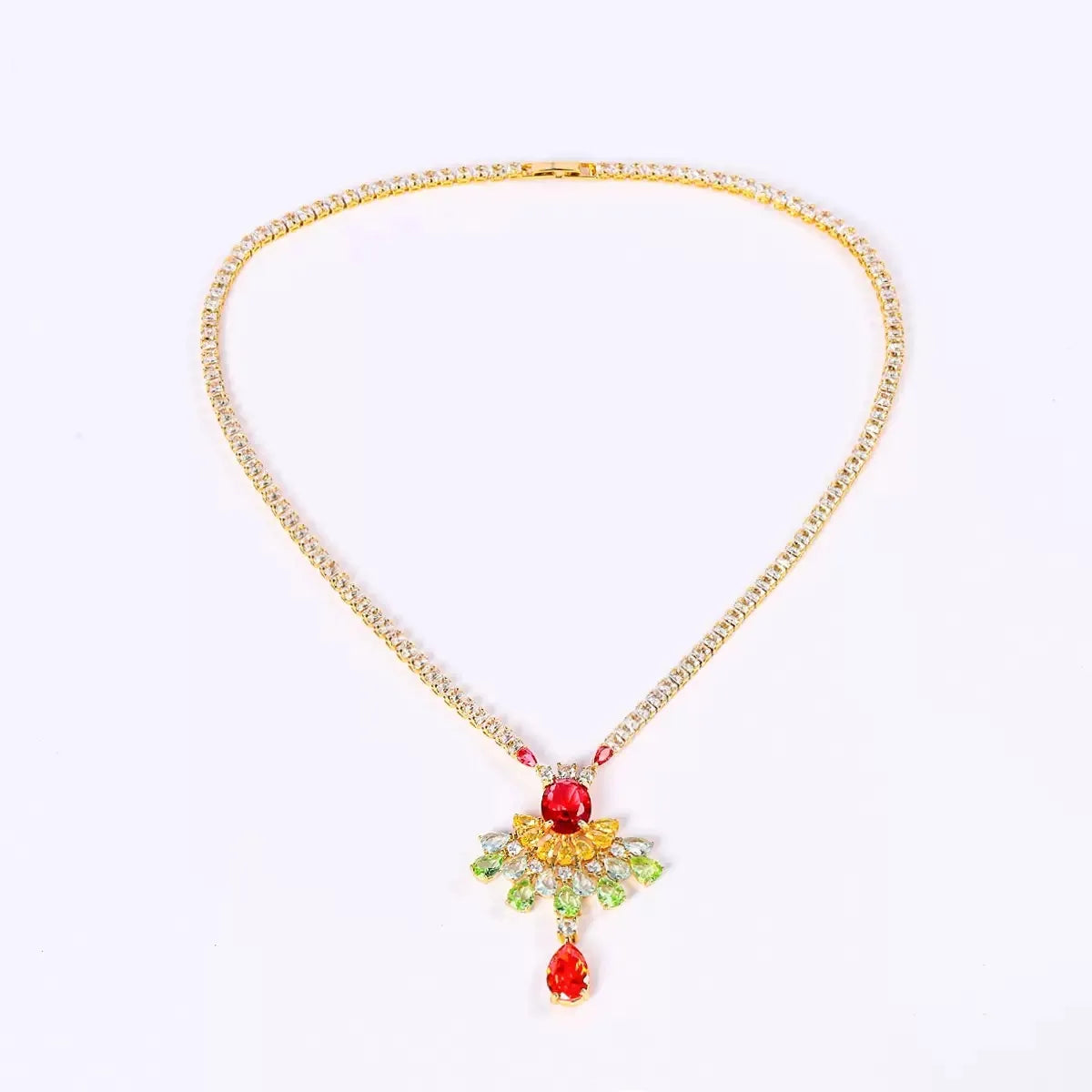 Bella Viva Luxury Fan Dangle Colorful Cubic Zirconia Necklace and Earring Sets, 18K Gold Plated Brass, for Formal Banquet Party
