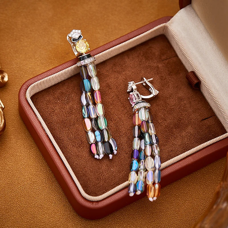 Luxurious and Colorful Cubic Zirconia Brass Necklace Earrings with Tassel Enamel Craftsmanship Suitable for Women's Accessories