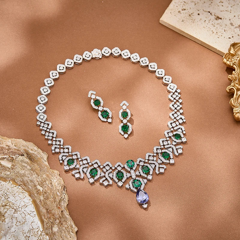 Wedding Jewelry Geometric Hollow Pear Shaped purple Zirconium Necklace Earrings 2-piece Set Brass Fashionable Women's Gift