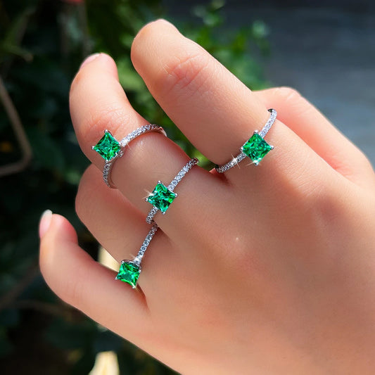S&S 925 Sterling Silver 5mm Emerald-Cut Green CZ Engagement Ring – Rhodium Plated – Collection