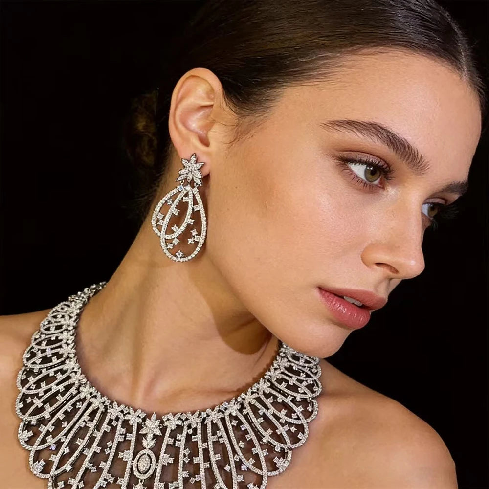 XM S32 Luxury Full Zircon Collar Necklace Earrings Set Silver Plated Women Bridal Wedding Gift Party Prom Statement Jewelry