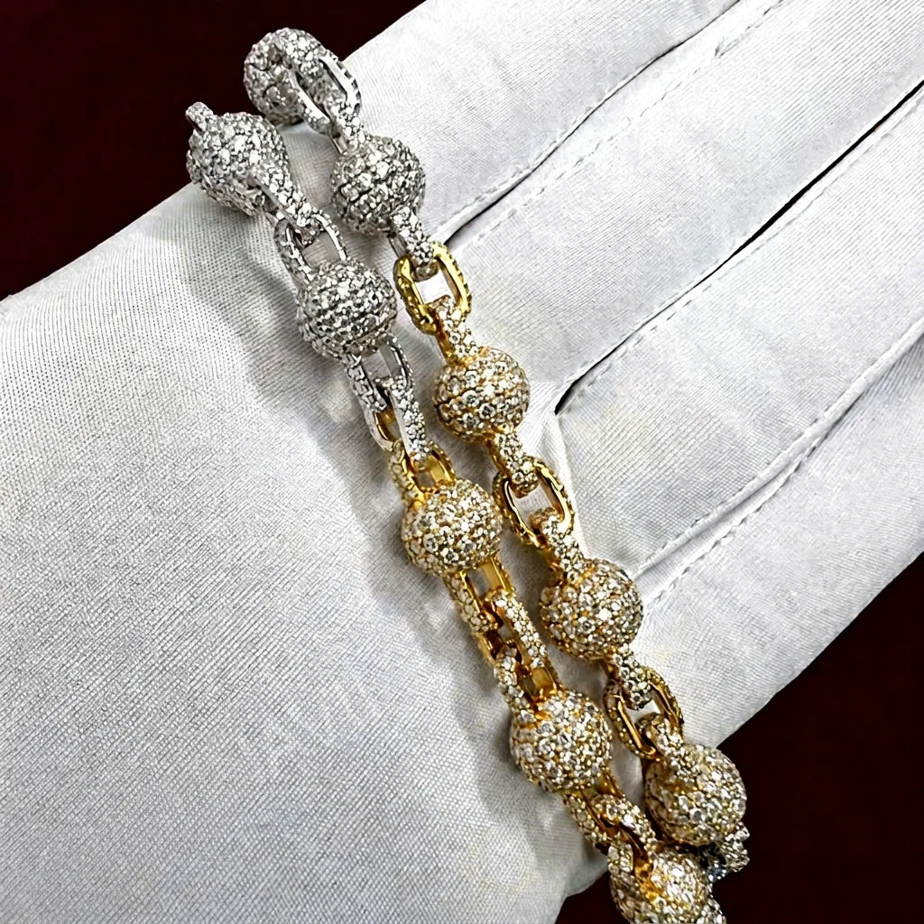 BiG-BOSS Luxury 14K Solid Gold Moissanite IGI Certified 9 MM Fully Iced Clustered Ball Necklace Hip Hop Cuban Link Style Statement Men's