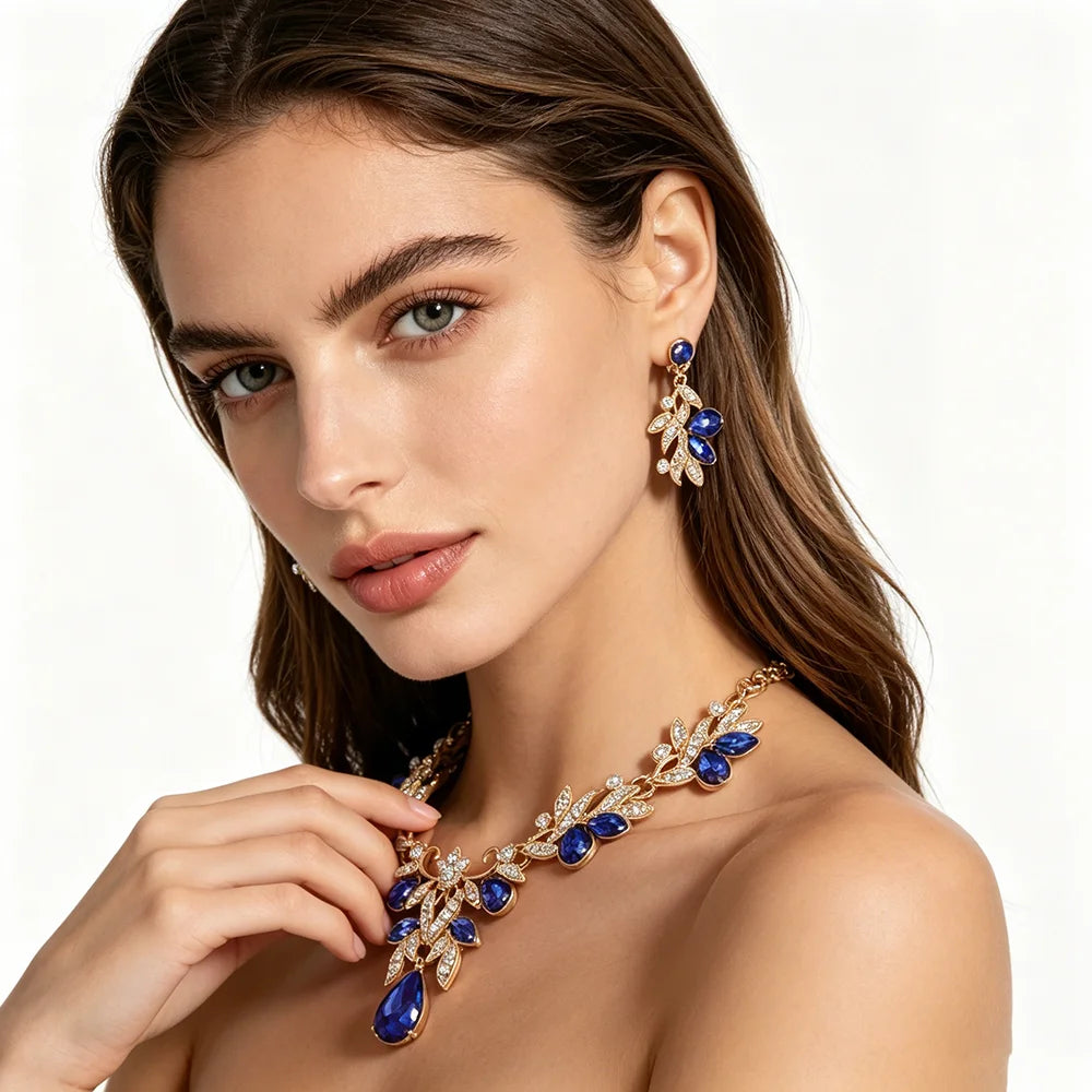 XM S391 Gold Plated Marquise Zircon Rhinestone Floral Necklace & Earrings Bridal Set