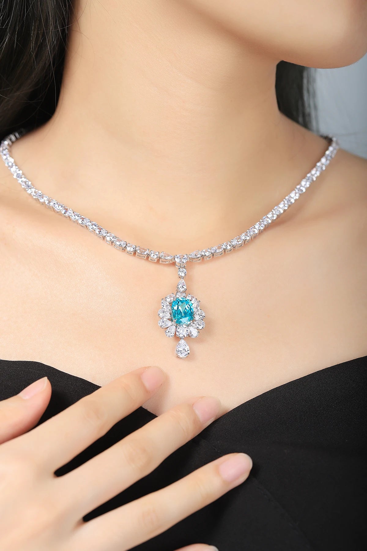 Gemfiori S925 Silver Luxury Lab Created Gemstone Necklace High Quality Women's Cubic Zirconia Lab Grown Paraiba Pendant Necklace