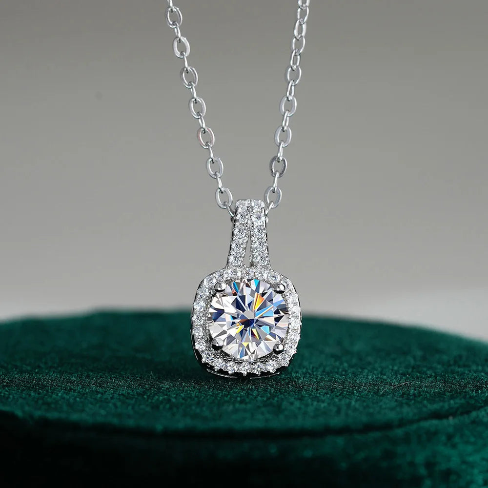 Fine Jewelry 925 Silver Square Bezel Set Round Cut 1CT 2CT VVS GRA Certified Colorful Moissanite Diamond Pendant Necklaces Women