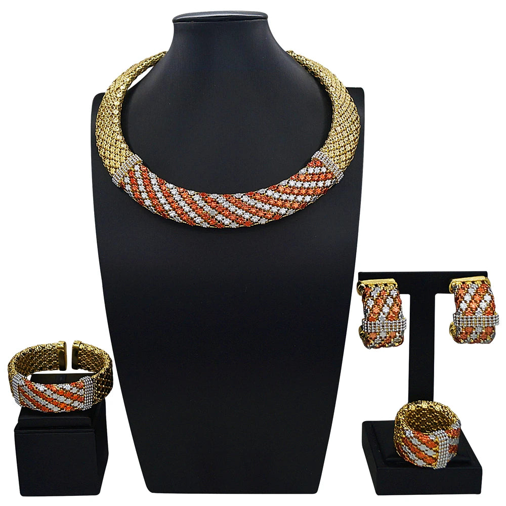 Colorful Italian Jewelry Set Brazilian Gold Plated Brass Jewelry Sets Wedding Party Necklace Bracelet Earrings Ring Jewellery