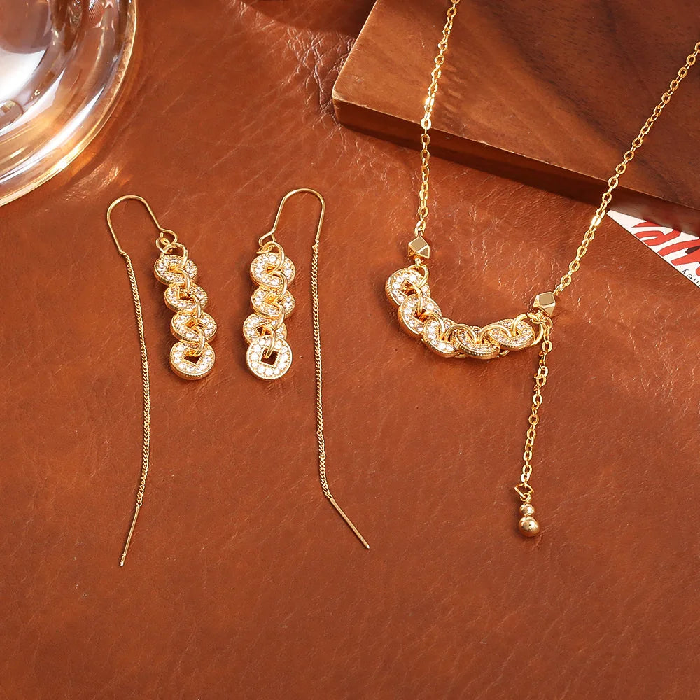 Five Emperors' Coin Pendant Necklace & Earrings | New Chinese Style Real Gold Plated Lucky Jewellery