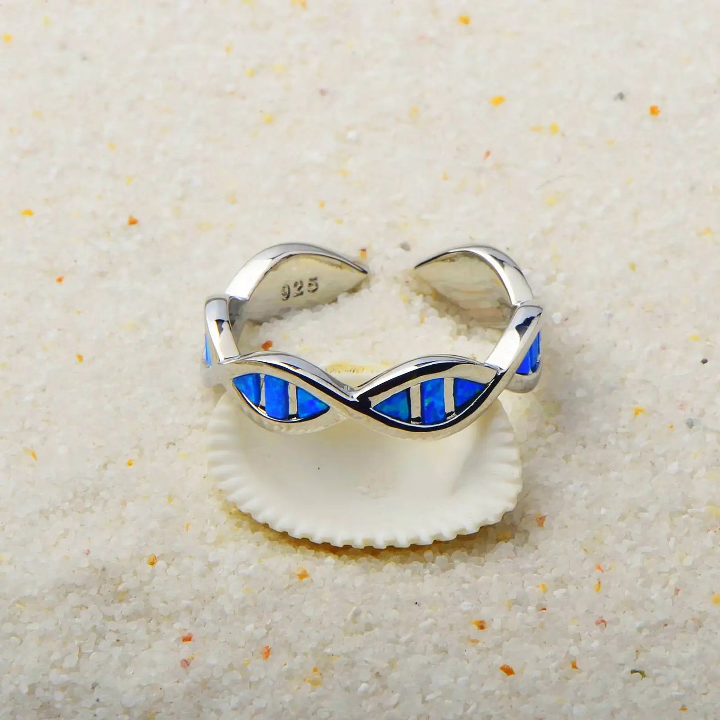 Science Style DNA Double Helix Open Ring | Blue Opal Inlay Stainless Steel Adjustable Finger Ring for Women Men Fashion Jewelry