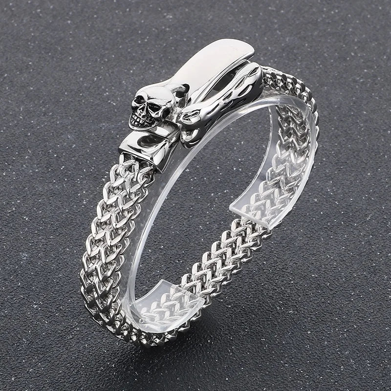 KALEN Punk Herringbone Chain Fine Jewelry Fashion Bracelets Men Stainless Steel Skull Charm Bracelet Bangle