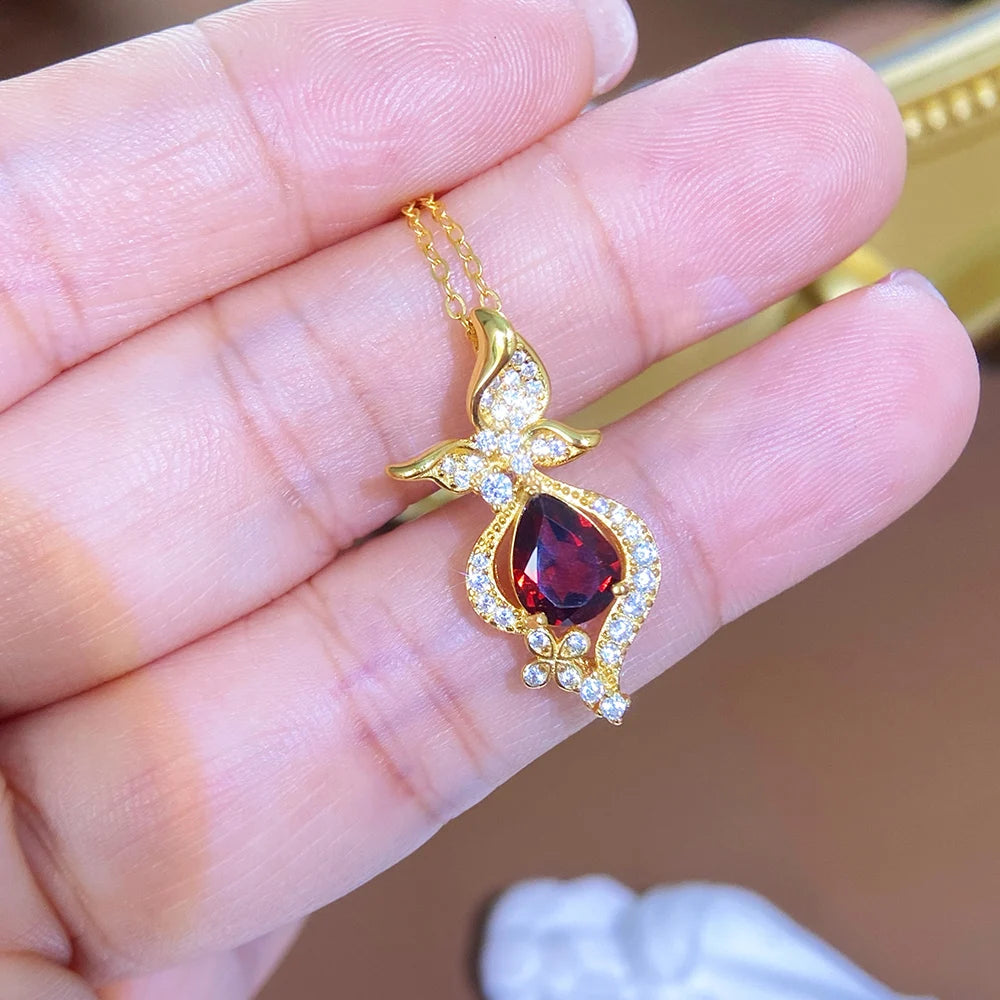 Gioiellieri Natural Garnet Pendant Necklace 925 Sterling Silver Rhodium/Gold Plated Luxury Trendy Women's Engagement Anniversary Party Gifts