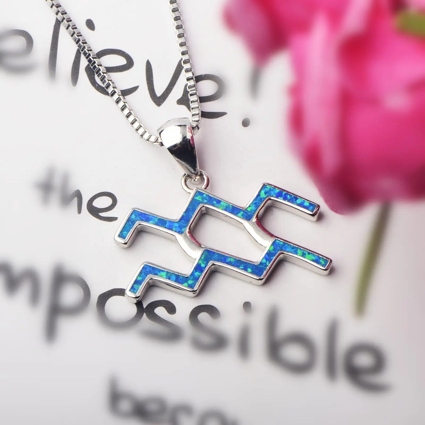 Aobao Vintage Silver Plated Copper Alloy Geometric Christian Opal Inlaid Pendant Necklace with Box Chain