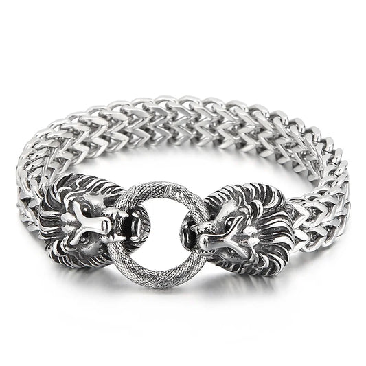 KALEN  Mens Stately Stainless Steel Lion Head Herringbone Link Bracelet