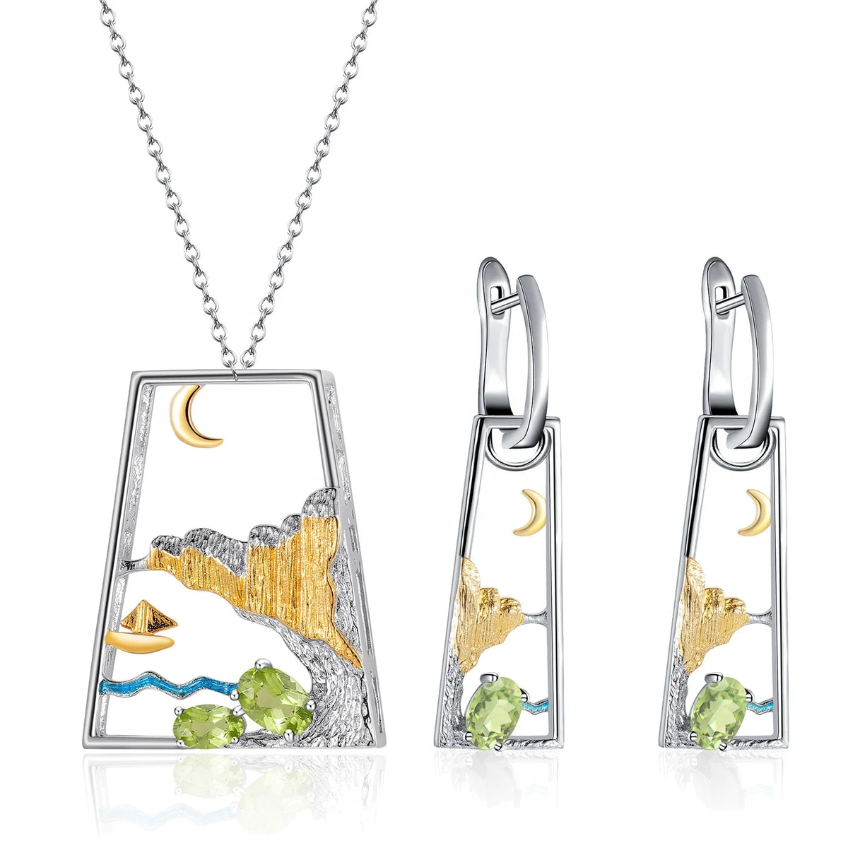 ArtistA C8208 Abiding High-end Silver 925 Landscape Natural Gemstone Swiss Blue Topaz Amethyst Peridot Earrings Pendant Jewellery Set