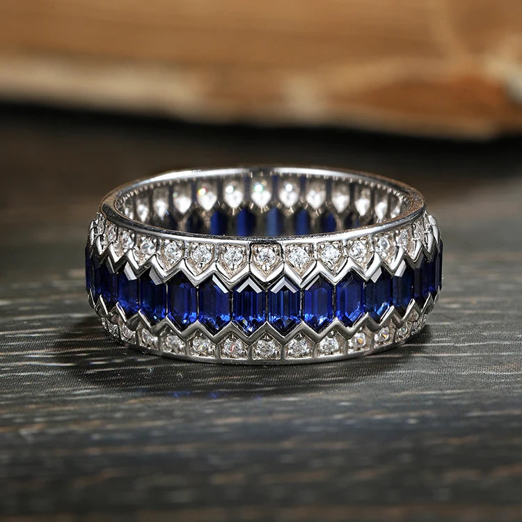 Gemfiori High Quality Royale Jewelry Blue Sapphire Wedding Ring Women Size 4-11 Women Sapphire Ring Mian Stone 1.75*3.5MM