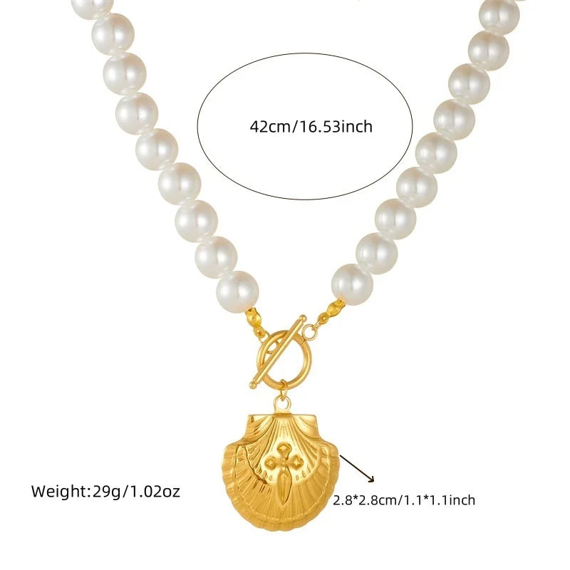 Women's French Vintage Design Pearl Chain Gold-plated OT Clasp Stainless Steel Scallop Starfish Pendant Bracelet Necklace Set