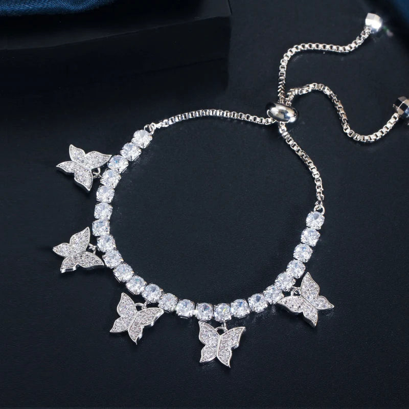 3 Piece Bright Cubic Zircon Crystal Silver Color Lovely Butterfly Ladies Jewelry Bridal Choker Necklace Earrings Bracelet Sets