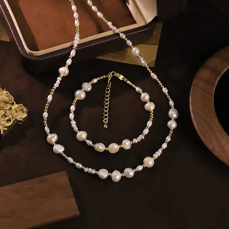 GLSEEVO Natural Freshwater Pearl Jewelry Set for Women Daily Wear Dainty Pearl  Necklace  Bracelet 2-Piece Set Fashion Jewelry