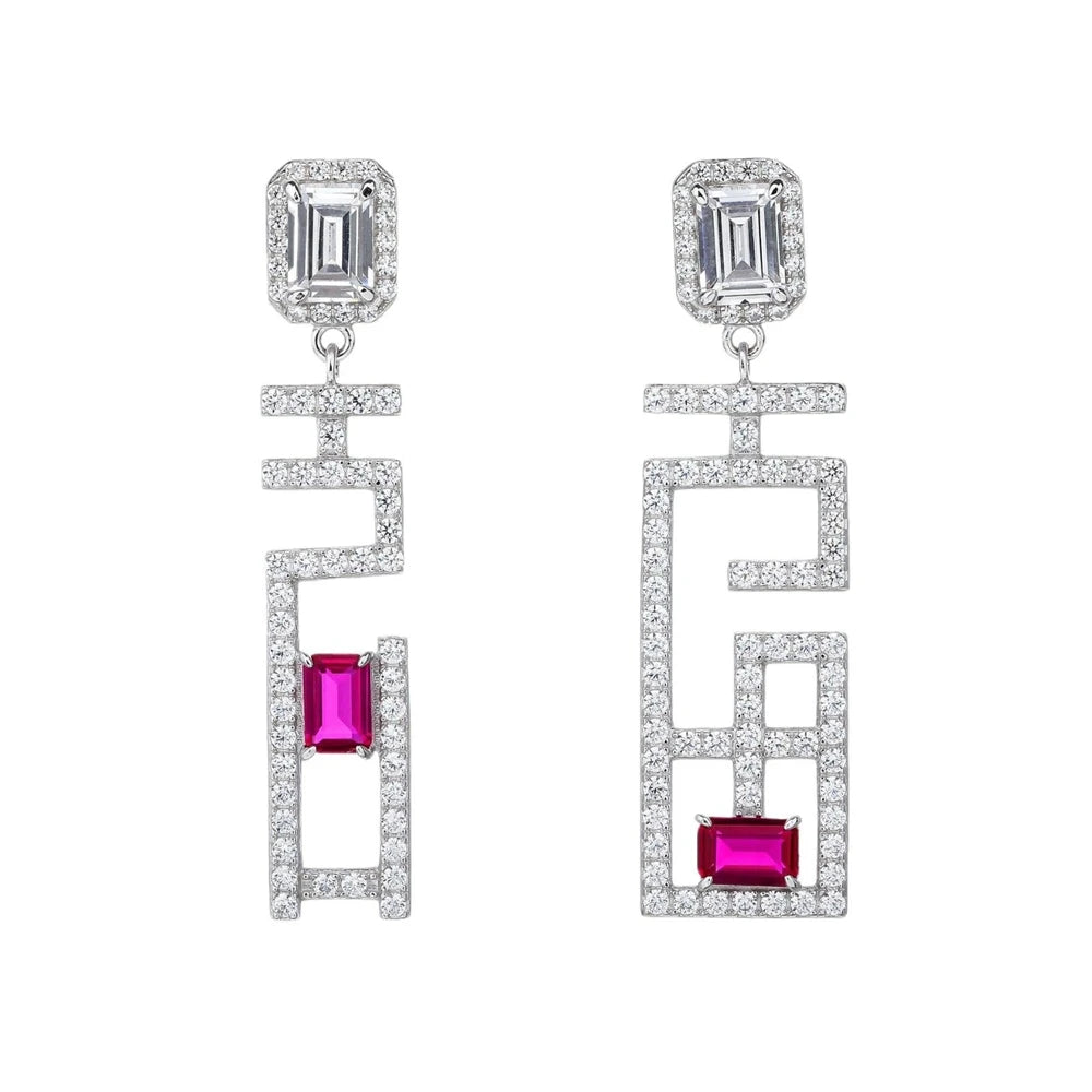 SILVERELLI Red Sapphire & Diamond Asymmetrical Stud Earrings | S925 Sterling Silver | Light Luxury