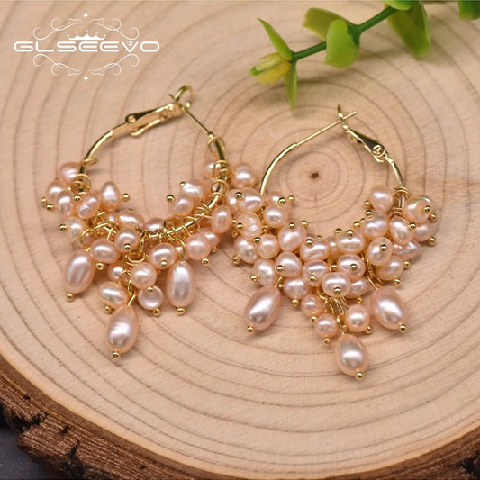 Natural Freshwater Pearl Pink Hoop Earrings Gifts for Women Girl Weddings Round Fashion Handmade Jewelry