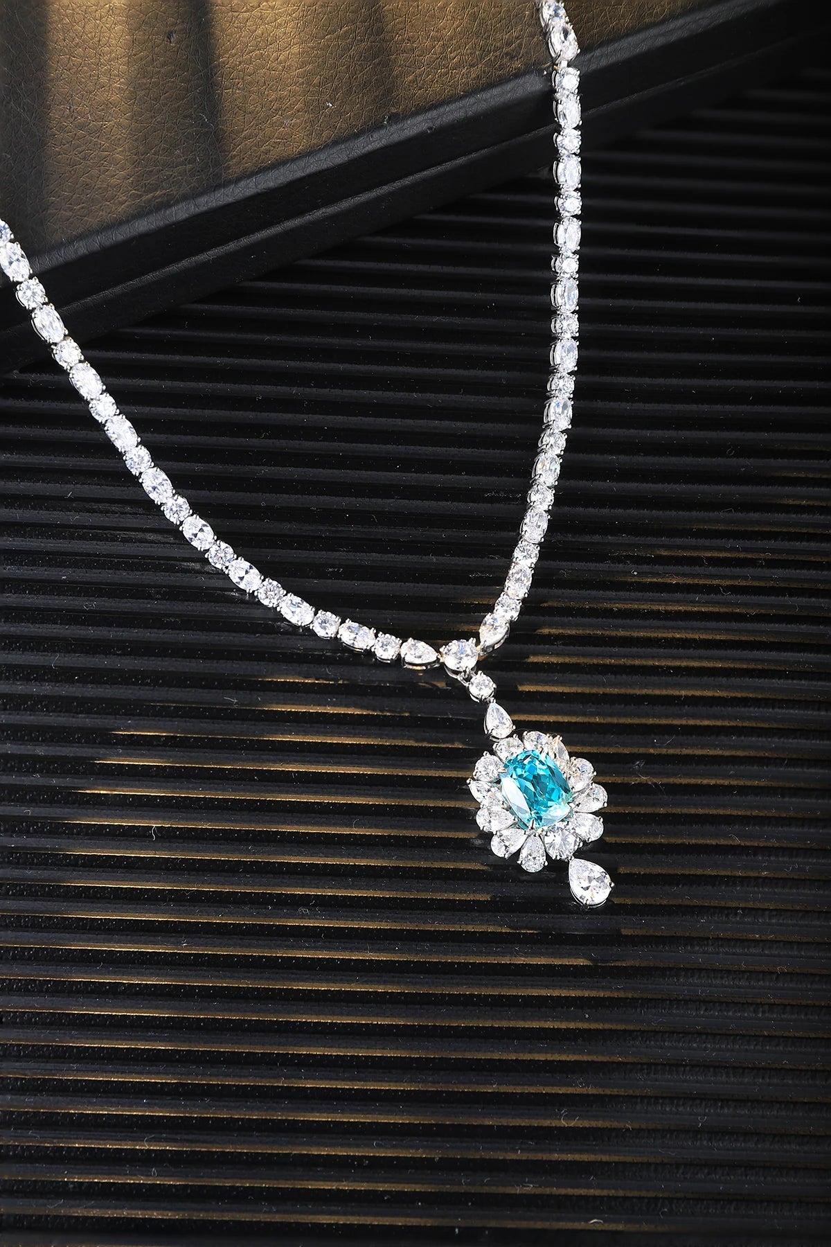 Gemfiori S925 Silver Luxury Lab Created Gemstone Necklace High Quality Women's Cubic Zirconia Lab Grown Paraiba Pendant Necklace