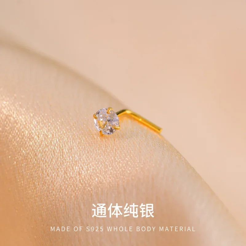 S&S 925 Silver L-Shape CZ Diamond Nose Stud | 8 Colours | Platinum & Gold