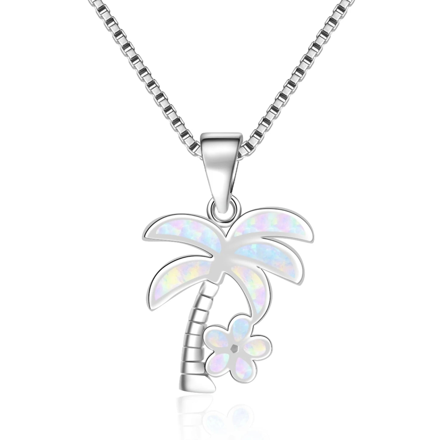 Aobao Wholesale Blue Copper Christian Link Chain Coconut Tree Flower Necklace Pendant Jewelry Inlaid with Opal