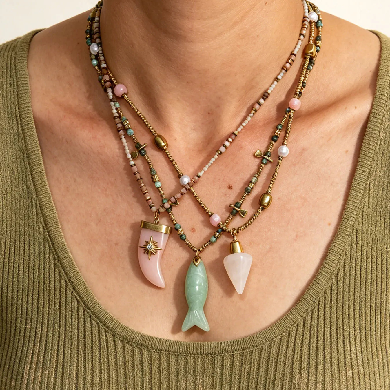 Joolim PVD Plated Wholesale Waterproof Boho Healing Conical Fish Pendant Natural Stone Beaded Necklace Stainless Steel Jewelry