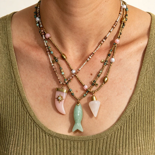 Joolim PVD Plated Wholesale Waterproof Boho Healing Conical Fish Pendant Natural Stone Beaded Necklace Stainless Steel Jewelry