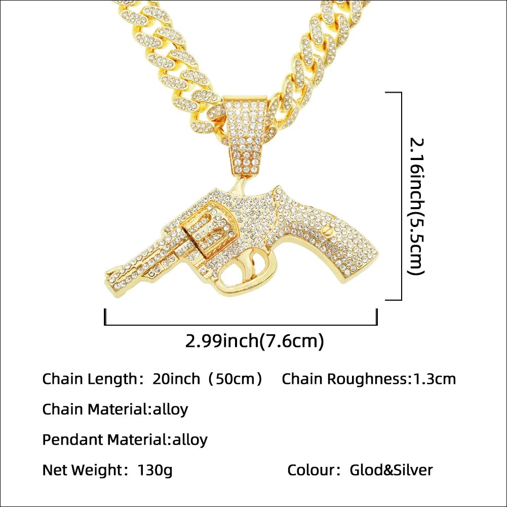 Hip Hop Jewelry 14k Gold Plated Gun Pendant Iced Out Diamond Cuban Chain Necklace for Men Fashion Jewelry