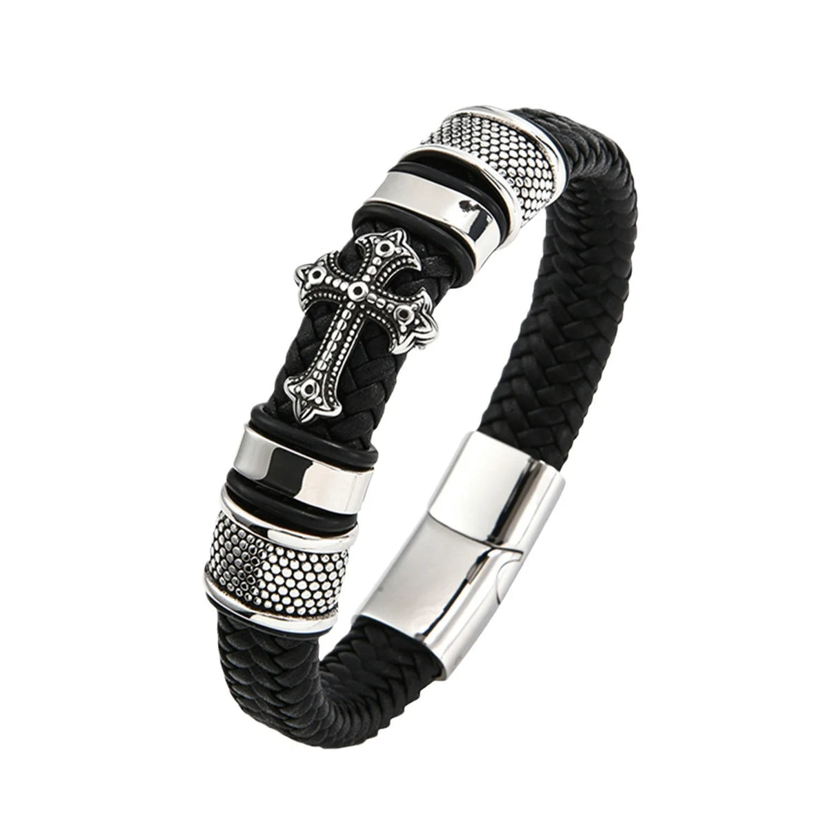 REBEL FASHIONISTA New Titanium Steel Cross Leather Braided Bracelet Magnetic Buckle Men's Leather Bracelet