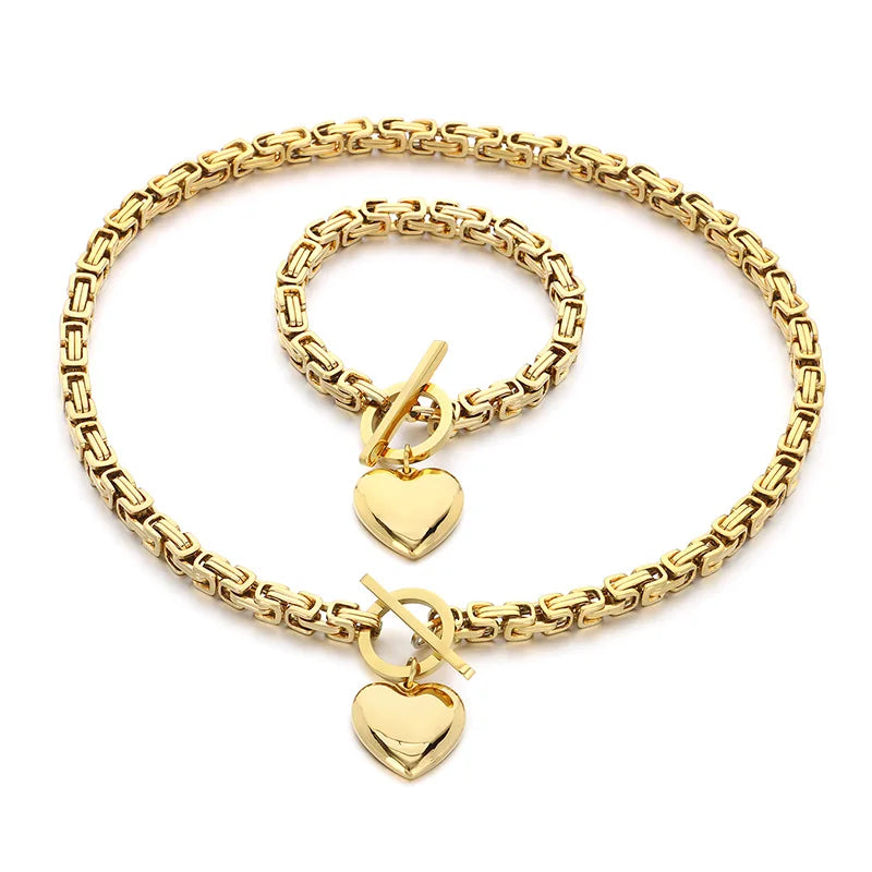 Kalen European and American Fashion Chain OT Buckle Chain Necklace Stainless Steel Smooth Heart Pendant Coarse Chain Set