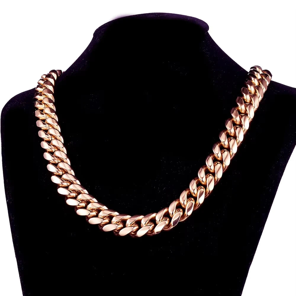 14mm Rose Gold Cuban Necklace for Men Titanium Steel Stainless Encryption Chain European American Hop Style