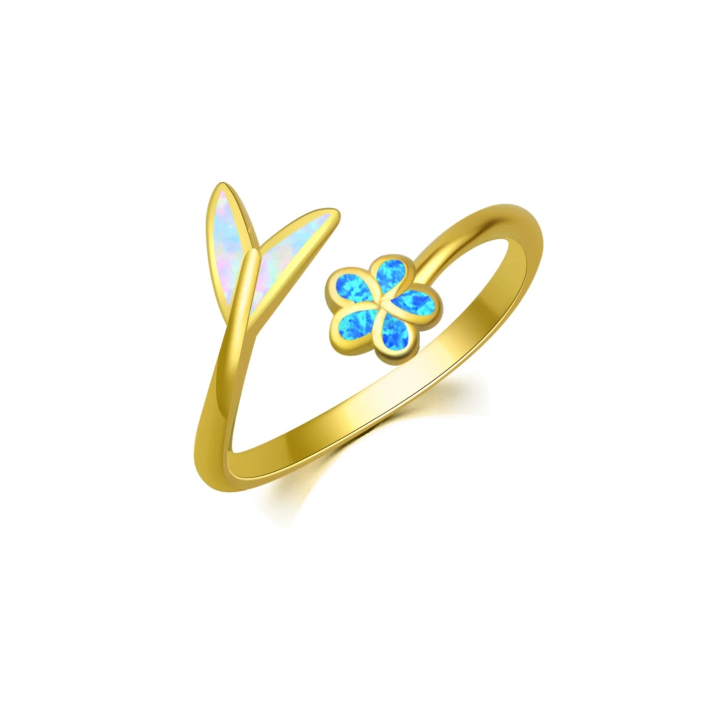 Floral & Leaf Open Ring | Blue/Iridescent Opal Inlay Gold-Plated Band | Dainty Nature-Inspired Fashion Jewelry for Women