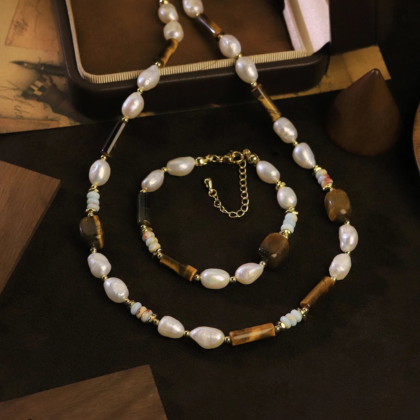 GLSEEVO Natural Pearl, Tiger Eye & Shoushan Stone Necklace & Bracelet Set — Vintage Style | White