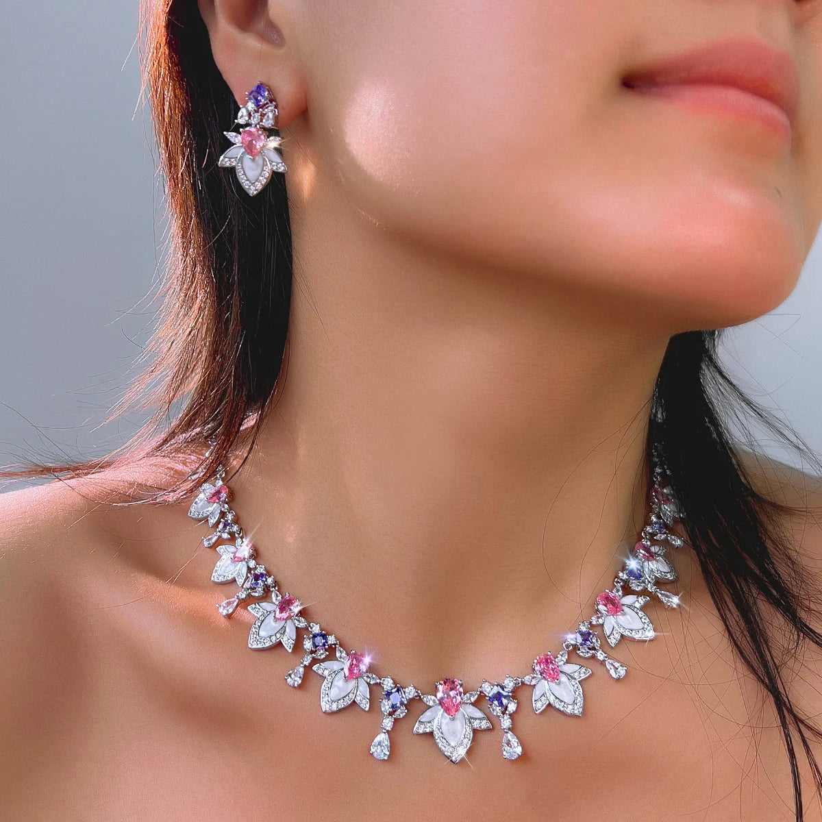 Rhodium Plated Purple Pink Drop Necklace Earrings CZ Long Leaf Enamel Necklace Earrings for Women Fiancee Engagement Jewelry Set