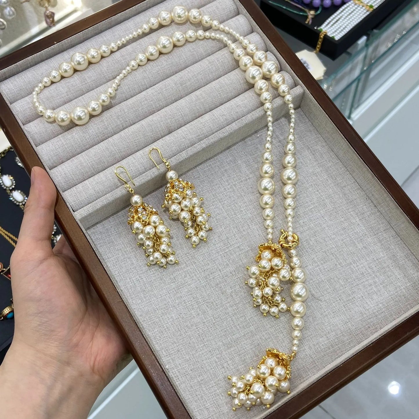 Gold Plated Bridal Long Pearl Necklace Earrings Two Piece Jewelry Set Indian Dubai Style Grape Design Pearl Gold Jewelry Set