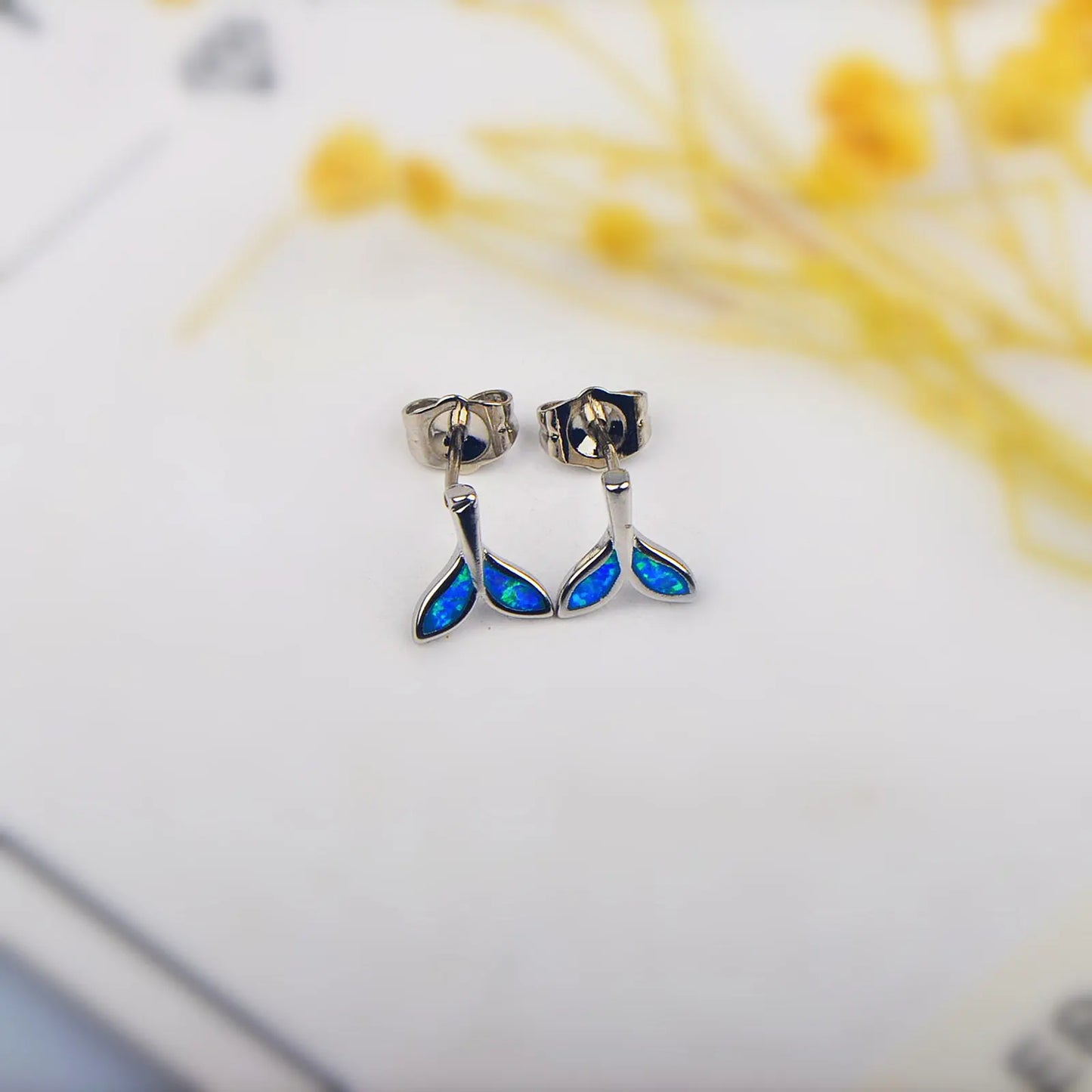 Hawaiian Trendy Whale Tail Studs   Sparkling Blue Opal Earrings Cute Ocean Theme Jewelry