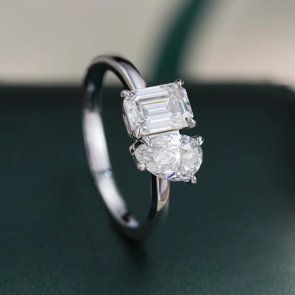 ArtistA Fancy Cut Full Moissanite Jewelry S925 Silver PT950 Platinum Plated Emerald & Pear Cut Two Diamonds VVS GRA Moissanite Rings